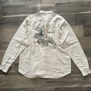 VTG Tommy Bahama Beige 100% Linen Toucan Tropical Print Longsleeve Shirt Mens XL